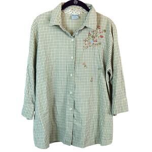 Vintage 90s Cascade Blues Button Down Shirt Embroidered Flowers Green Plaid XL